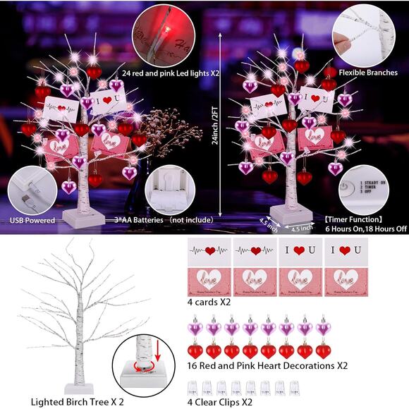 2 LED Lighted Birch Trees with Hearts & Cards,Valentine, Mother’s Day Decor Gift - Picture 5 of 7